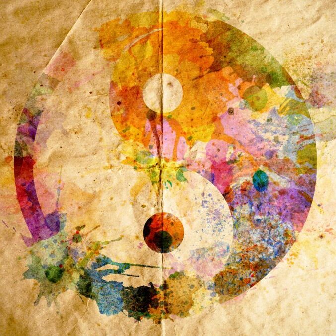 Watercolor yin yang symbol on old paper background